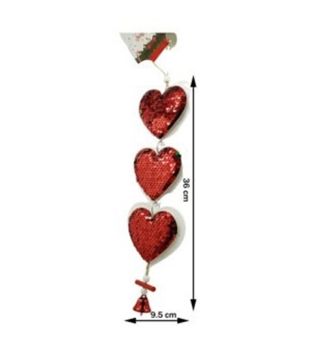Ornament de brad trei inimi cu paiete, Flippy, rosu, lemn, 36 cm