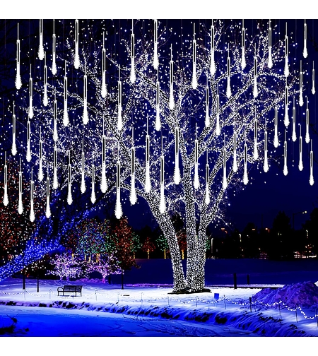 (DL) Instalatie de Craciun, 8 tuburi, 30cm, 144 LED, ploaie de meteoriti, alb