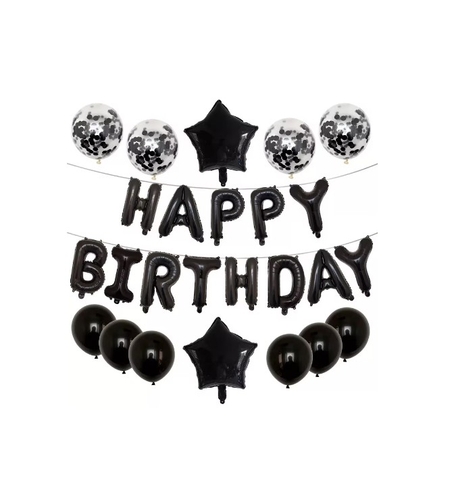 Set 25 de Baloane din Folie Metalizata si Latex, Flippy, Figurine 2 Stele, 4 Baloane Confetti, 13 Litere, 6 Latex, Model Happy Birthday, Tema Aniversare, 40 cm, Ambalaj Individual, Pai Inclus, Umflare cu Aer sau Heliu, Negru