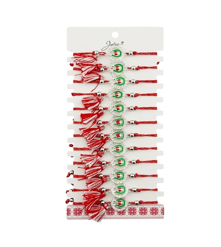 Martisor Bratara cu Ciucure pentru Dama, Jolie, Model Potcoava cu Buburuza in Cerc, Set 12 bucati, Pandativ din Inox cu Pietre, Snur Reglabil, Rosu/Alb