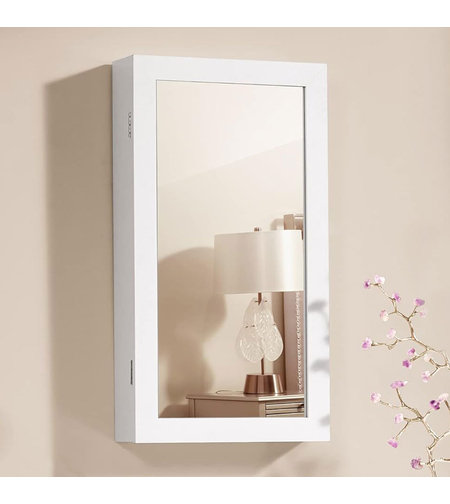 SONGMICS Dulap de bijuterii cu oglinda, montare pe perete, incuietoare, 37x11x67cm, alb