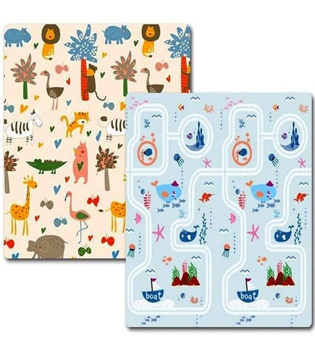 Covoraș de Joaca pentru Copii Termic cu 2 Fete, Flippy, Model Lumea Animalelor si Calatorie pe mare, cu Spuma, Impermeabil, Antiderapant, 200x180 x