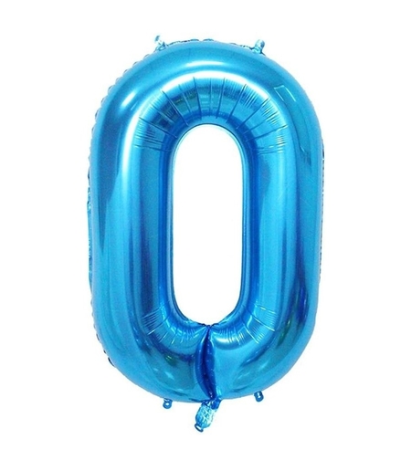 Balon din Folie Metalizata, Flippy, Figurina Cifra, Tema Aniversare 40 cm, Ambalaj Individual, Pai inclus, Umflare cu Aer sau Heliu, Albastru, Cifra 0
