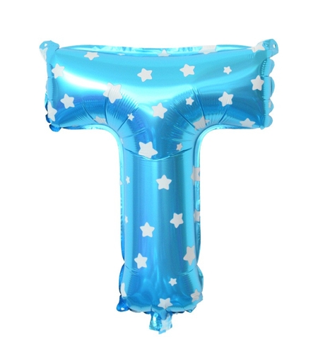Balon Folie Metalizata Litera T, Flippy, 40 cm, Cu Imprimeu Stelute, Umflati cu Heliu sau Aer, Ambalaj Individual, Pai inclus, Albastru