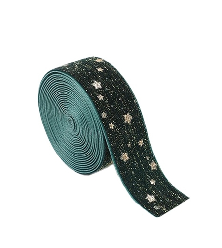 Panglica Decorativa de Craciun, Flippy, Panglica din Panza cu aspec de Catifea, Funda Ornament, Model cu Stele Aurii, Decor pentru Brad de Craciun, 200 x 2.5 cm, Verde