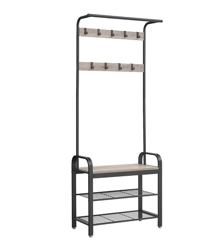 VASAGLE Cuier pentru haine cu banca de depozitare pantofi, cu 9 carlige si sina pentru haine, 34x72x183 cm, gri si negru