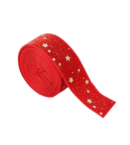 Panglica Decorativa de Craciun, Flippy, Panglica din Panza cu aspec de Catifea, Funda Ornament, Model cu Stele Aurii, Decor pentru Brad de Craciun, 200 x 2.5 cm, Rosu