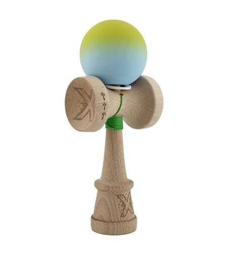 Kendama X Originala, Profesionala, Flippy, Rubber Grip, Cupe Mari KING SIZE V3, Gaura in Baza, Rulment Metalic, din lemn 18 cm, Ata 62/65 cm, Gradient Galben/Albastru