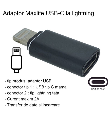 Adaptor Type C (mama) to Lightning (tata) cu Agatatoare Breloc inclusa, Negru