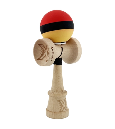 Kendama X Originala, Profesionala, Flippy, Cupe Mari KING SIZE V3, Rubber Grip, Gaura in Baza, Rulment Metalic, din lemn 18 cm, Ata 62/65 cm, M Rosu/Negru/Galben