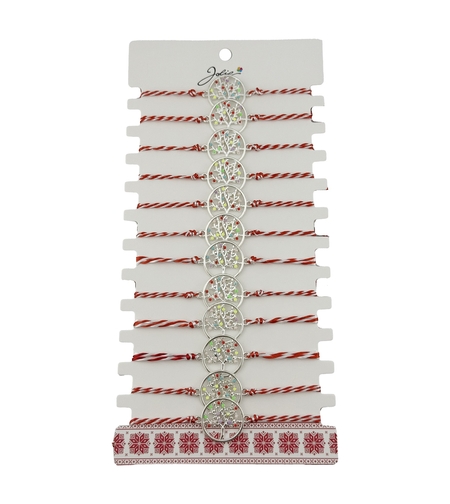 Bratara Martisor pentru Dama, Jolie, Model Copac Multicolor, Set 12 bucati, Pandativ Argintiu din Inox cu Elemente Multicolore, Snur Alb/Rosu