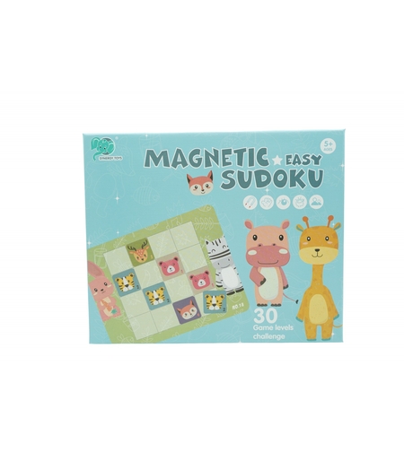 Joc educativ Sudoku cu tablita magnetica, 32 de piese, cartonase cu animale, Verde