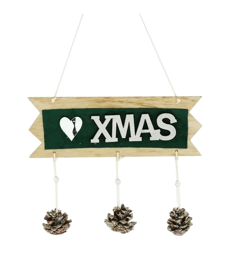 Decoratiune Craciun din Lemn, Flippy, Model Scris Xmas, Conuri Atarnate, cu Inimioara 25x9 cm, pentru Brad sau Usa, Verde/Argintiu