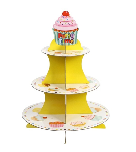 Suport Prajituri, Vafy, 3 Etaje, Design de Petrecere, pentru Prajituri, Candy Bar, din Carton, Galben/Multicolor