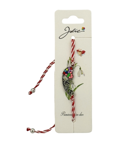 Martisor Bratara Snur Alb-Rosu, Jolie, Pandantiv Metalic, Model Inima Love