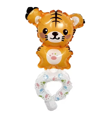 Balon din Folie Metalizata, Vafy, Figurine Animalute, Tip Bratara, Model Tigru, Ambalaj Individual, Pai Inclus, Umflare cu Aer sau Heliu, Portocaliu