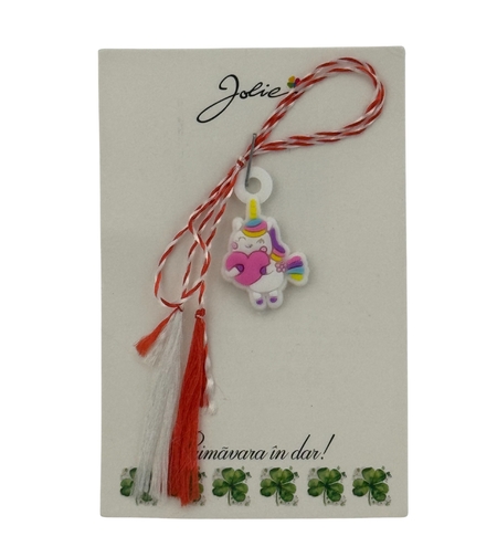Martisor pentru Copii, Jolie, Material Cauciuc, Ambalaj Carton cu Design, Multicolor, Model Unicorn si Inima