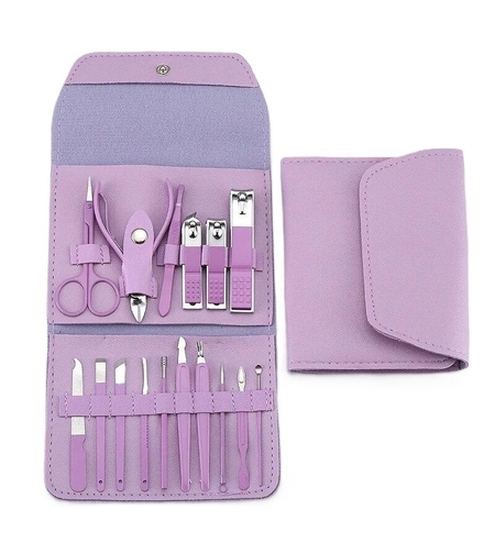 Set 16 Piese de Ingrijire Cosmetica, Flippy, pentru Manichiura, Pedichiura, Fata, Geanta Organizatoare din Piele Ecologica Inclusa, Mov