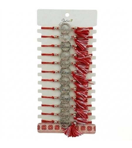 Bratara Martisor pentru Dama, Jolie, Model Love, Set 12 bucati, Pandativ din Aliaj cu Cristale, Snur Ajustabil Impletit, Alb/Rosu