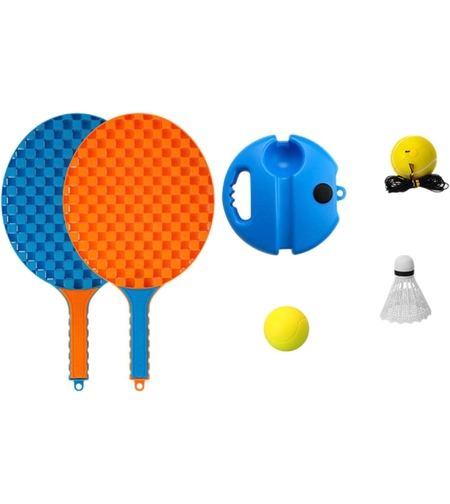Set Badminton pentru Copii, Flippy, Doua Palete, Fluturas, 2 Mingi, Minge cu Elastic pentru Antrenament, Suport de Prindere Stabil, 41x23 cm, Albastru Portocaliu