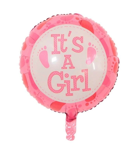Balon din Folie Metalizata, Vafy, Figurina Rotunda, Model It's a Girl, Tema Gender Reveal, 45 cm, Ambalaj Individual, Pai Inclus, Umflare cu Aer sau Heliu, Roz