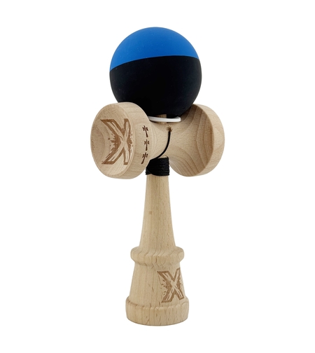 Kendama X Originala, Profesionala, Flippy, Rubber Grip, Cupe Mari KING SIZE V3, Gaura in Baza, Rulment Metalic, din lemn 18 cm, Ata 62/65 cm, Bicolor Albastru/Negru