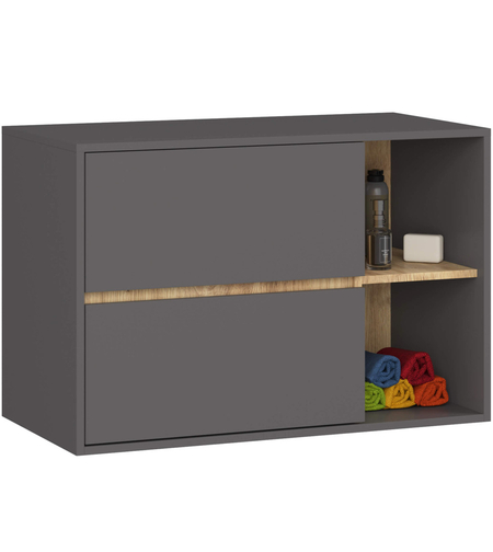 Etajera de baie suspendata, cu 2 sertare, PAL 16 mm, 90x46x60 cm, gri si stejar artisan