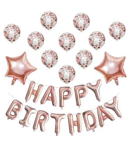 Set 12 Baloane si 1, Set pentru Aniversare, mesaj Happy Birthday, din folie de aluminiu, 30 -45 cm, Cu paiete, latex si folie, Rose Gold