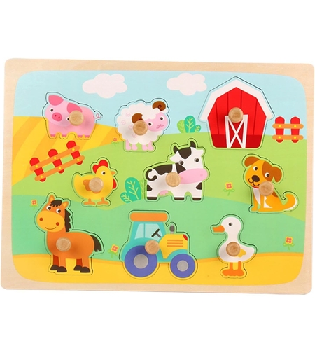 Puzzle Montessori din Lemn pentru Copii, Flippy, 3D, 0-3 Ani, Model Ferma, Educativ, Intuitiv, Creativ, 9 Piese, 30x22.5x0.8 cm, Multicolor