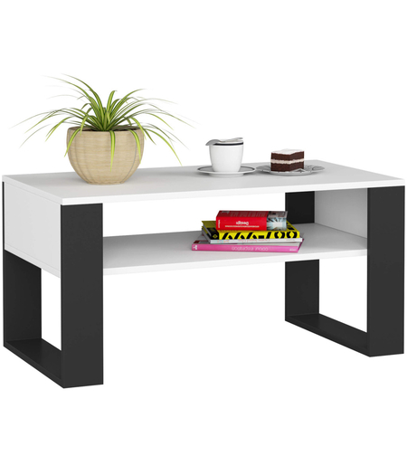 Masuta de cafea Domi cu raft inferior, blat laminat, 92x50x45 cm, alb si negru