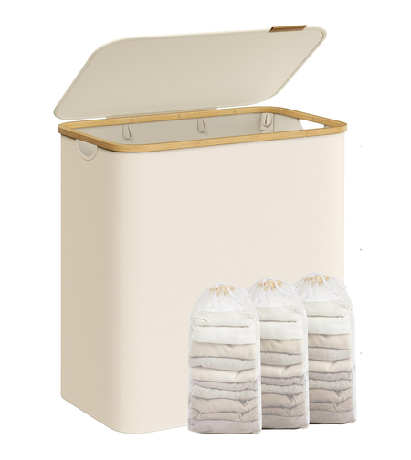 SONGMICS Cos de rufe textil, pliabil, cu 3 compartimente detasabile, 150L, 60x39x71 cm, crem