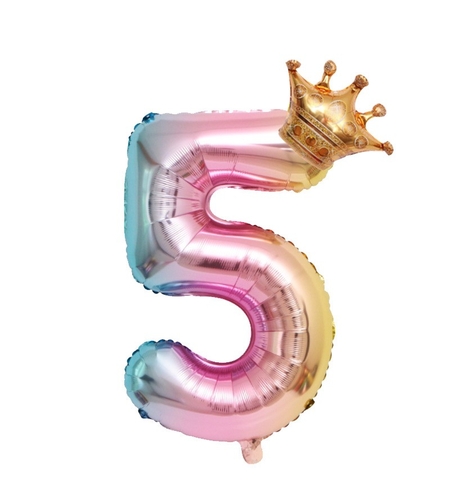 Balon din Folie Metalizata, Flippy, Figurina Cifra Gradient, Tema Aniversare 80 cm, Ambalaj Individual, Pai inclus, Umflare cu Aer sau Heliu, Coronita, Cifra 5