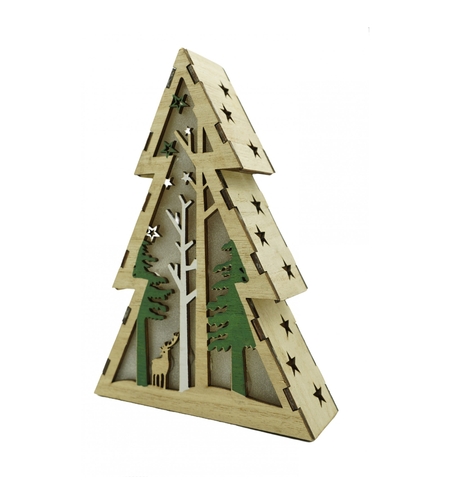 Decoratiune luminoasa, model de Brad cu Peisaj de iarna, maro, lungime: 14 cm, latime: 5 cm, inaltime: 20 cm, lemn, interior/exterior