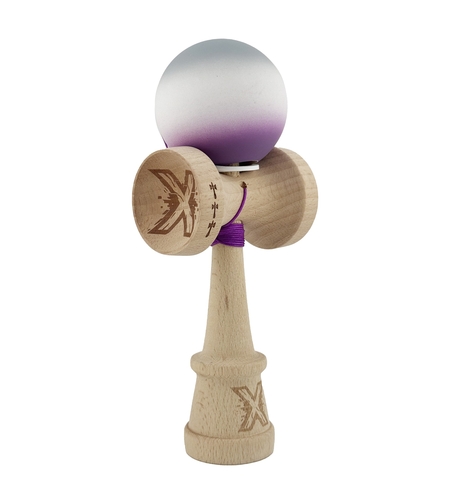 Kendama X Originala, Profesionala, Flippy, Rubber Grip, Cupe Mari KING SIZE V3, Gaura in Baza, Rulment Metalic, din lemn 18 cm, Ata 62/65 cm, Gradient Gri/Alb/Mov