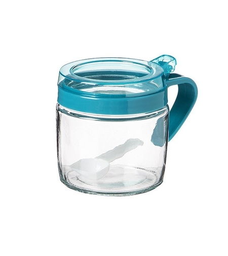 Recipient Condimente, Vafy, din Stilca, 180 ml, cu Maner si Lingurita, 8 x 9 cm, Capac Transparent, Albastru