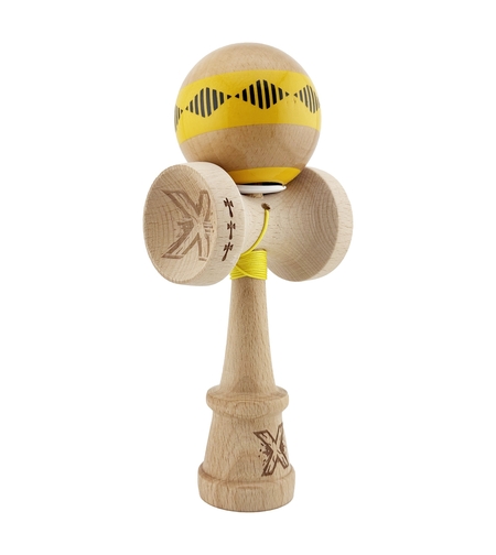 Kendama X Originala FREQUENCY, Profesionala, Flippy, Cupe Mari KING SIZE V3, Super Sticky, Gaura in Baza, Rulment Metalic, din lemn 18 cm, Ata 62/65 cm, Galben/Maro