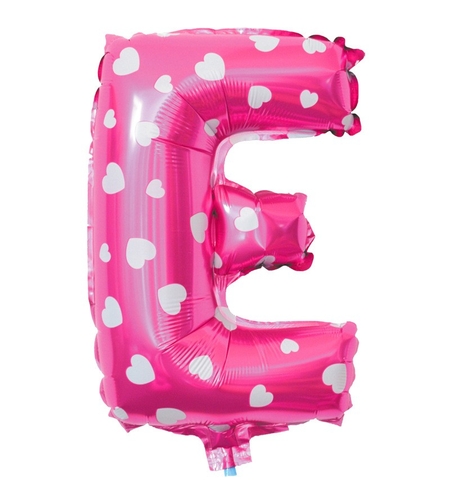 Balon Folie Metalizata Litera E, Flippy, 40 cm, Cu Imprimeu Inimioare, Umflati cu Heliu sau Aer, Ambalaj Individual, Pai inclus, Roz