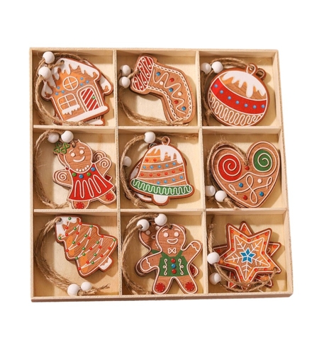 Set 18 Decoratiuni de Craciun din Lemn, Flippy, cu Snur pentru Agatare in Brad, Modele Diverse , Diferite Dimensiuni, Multicolor