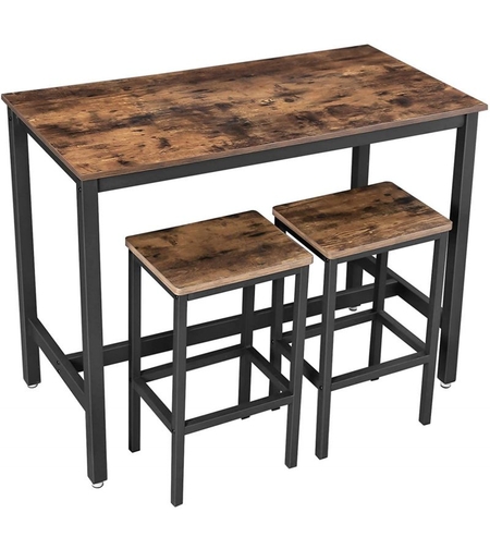 VASAGLE Set masa de bar cu 2 scaune, cadru din otel, blat lemn, stil industrial, 120x60x90cm, maro rustic