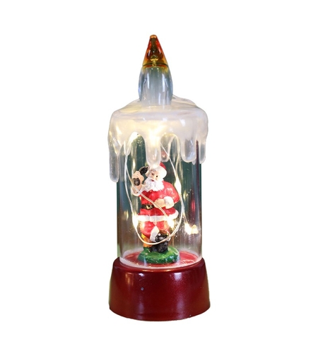 Decoratiune de Craciun tip Lumanare, Flippy, Lumanare de Cristal fara Fulgi de Zapada, Model Mos Craciun, Iluminare LED, 13 x 5 x 5 cm, Baza Rosie, Transparent