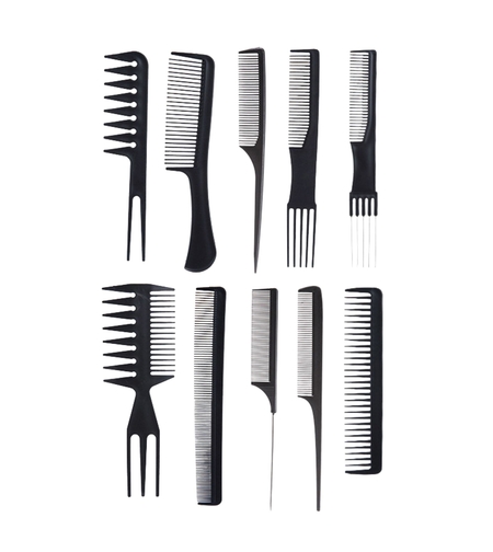 Set piepteni profesionali pentru coafat, Flippy, 10 bucati, PP + Otel inoxidabil, 18,5–22 cm, Rezistenti la caldura, Negru