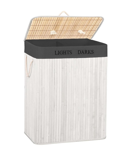 Cos pentru rufe din bambus, pliabil, cu 2 compartimente, volum 105 L, 63x52x33 cm, alb si gri inchis
