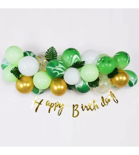 Baloane decorative din Latex si Banner Happy Birthday, Flippy, Model Aniversare, Set 37 de Piese, Verde, Auriu, Alb