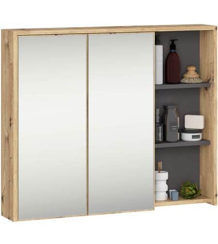 Dulap de baie suspendat cu oglinda, 2 usi si 3 rafturi interioare, PAL 16 mm, 90x15x75 cm, stejar artisan si gri