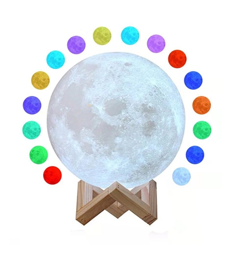 Lampa de veghe luna 3D Moon Light, lumina multicolora cu LED, 7 culori ,schimbare culoare prin atingere,, alimentare baterii, fara acumulator, stand din plastic inclus, 15 cm, Flippy