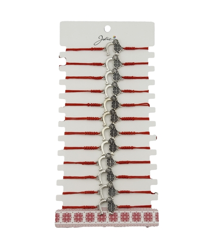 Bratara Martisor pentru Dama, Jolie, Model Potcoava cu Trifoi, Set 12 bucati, Pandativ Argintiu din Inox cu Snur Rosu Ajustabil
