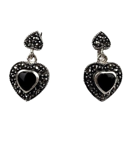 Cercei Argint 925 Inimi cu Marcasite si Piatra Neagra