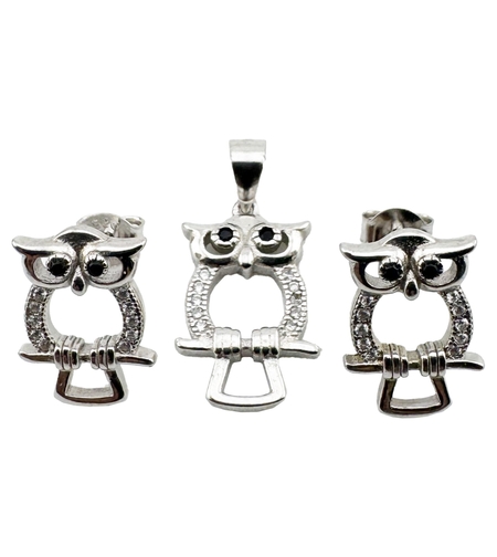 Set Pandativ cu Cercei pentru Dama, Jolie, Argint 925, Model Bufnita Contur, 4.1g, 2 cm x 1.1 cm, Argintiu