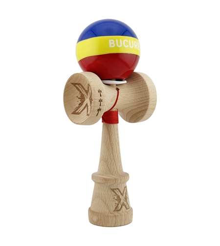 Kendama X Originala, Profesionala, Flippy, Tricolor Edition BUCURESTI, Super Sticky cu Cupe Mari KING SIZE V3, Rulment Metalic si Gaura in Baza, din Lemn 18 cm, Ata 62/65 cm, Multicolor