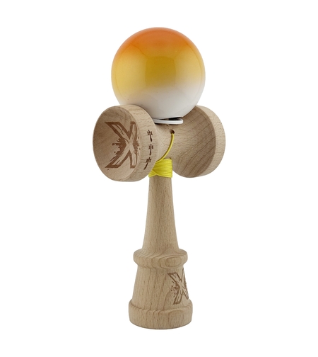 Kendama X Originala, Profesionala, Flippy, Super Sticky cu Cupe Mari KING SIZE V3, Gaura in Baza, Rulment Metalic, din lemn 18 cm, Ata 62/65 cm, Gradient Portocaliu/Galben/Alb